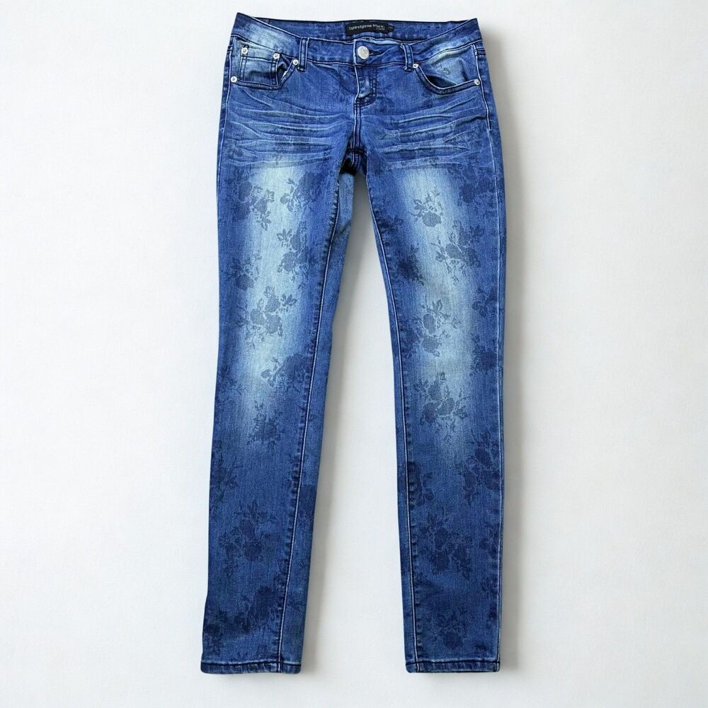 Twenty One Black Jeans Womens 5/6 Skinny Blue Floral Stretch Denim Low Rise Y2K